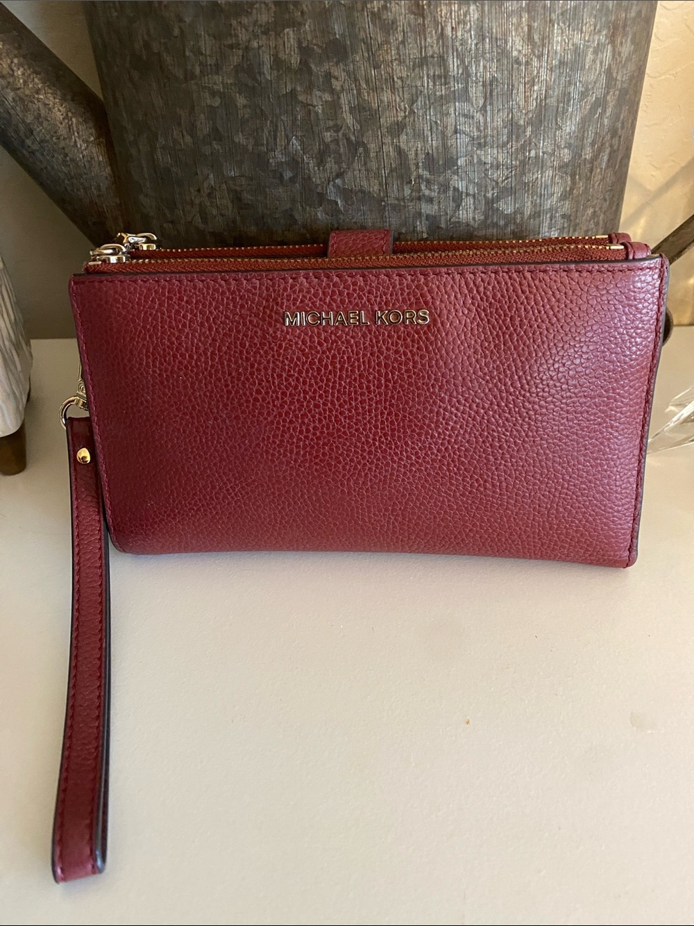 Michael Kors Red Leather double Zip Wristlet w/ phone pocket & Gold Hardware